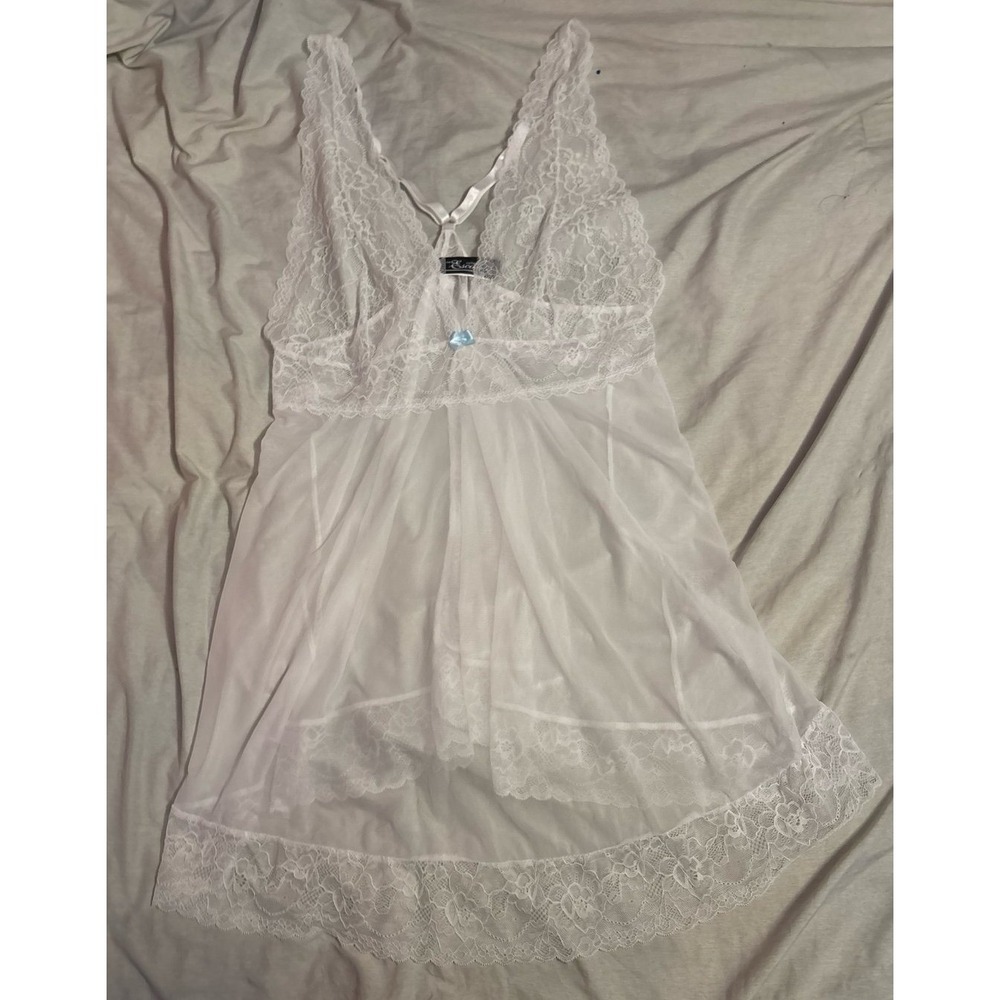 Escante Collection Plus Size White‎ Sheer Lace Detail Babydoll Lingerie, 1X
